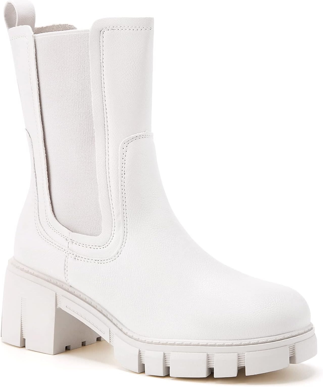 TINSTREEWomen's Lug Sole Platform Boots Mid Calf Elastic Chunky Block Heel Leather Chelsea Booties