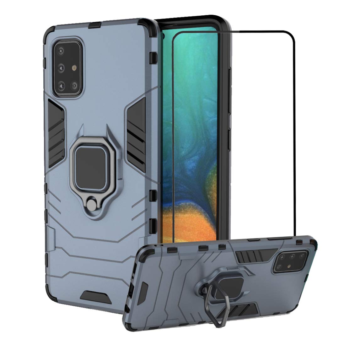 Case for Samsung Galaxy A71 with Tempered Glass Screen Protector,Hybrid Heavy Duty Protection Shockproof Defender Kickstand Armor Case Cover,Navy