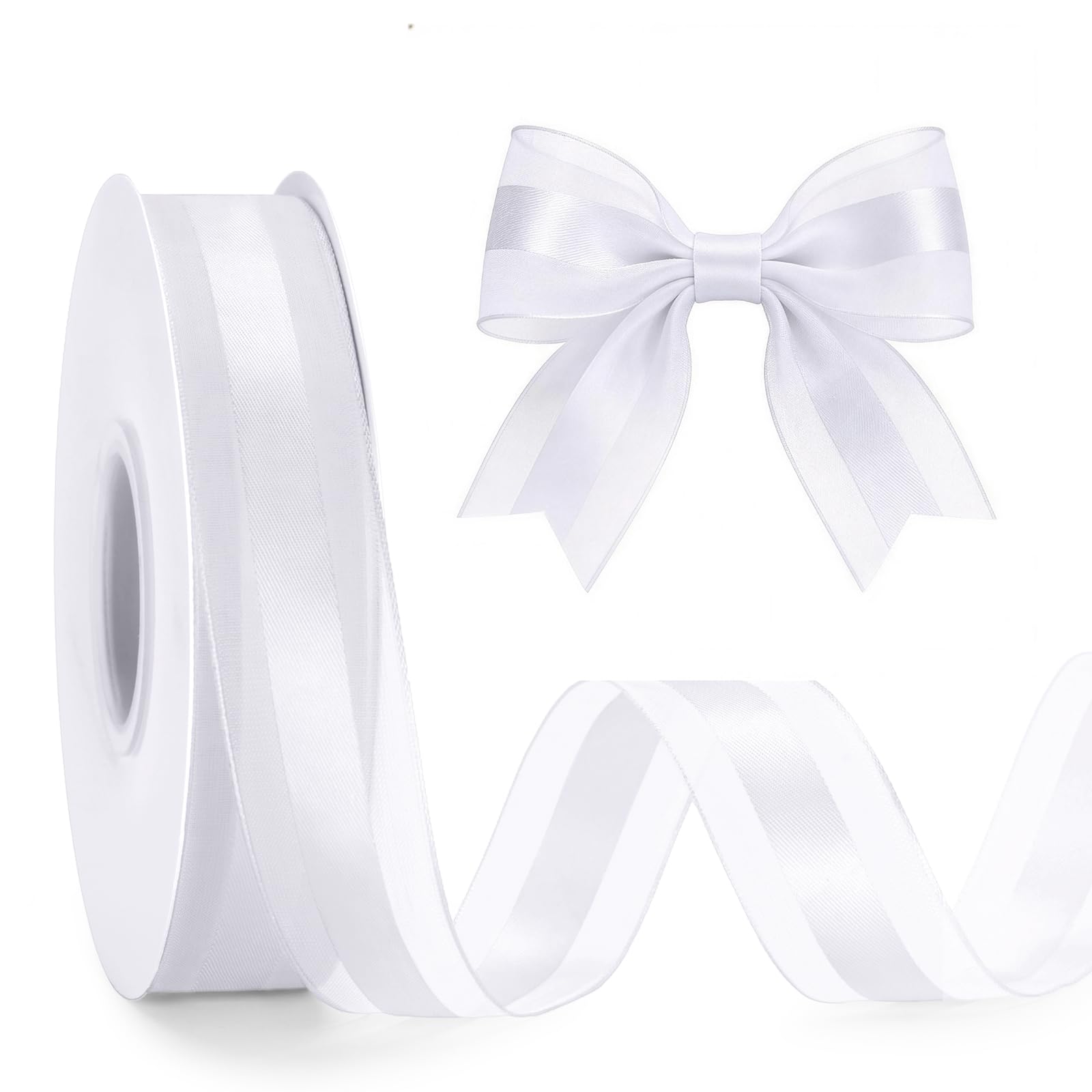 G2PLUS 25mm White Organza Ribbon: 50 Yards Sheer Tulle Wrapping Ribbon — image 1