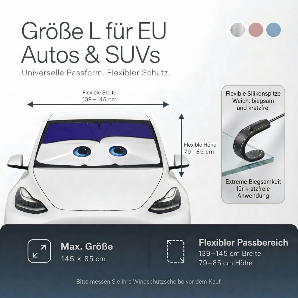 Parasole per parabrezza auto Zuquik, design a occhi, 145 x 85 cm | 3 strati riflettenti, bordo in silicone, braccio a 360°, taglio a V e telaio a 10 stecche, per auto SUV compatibili