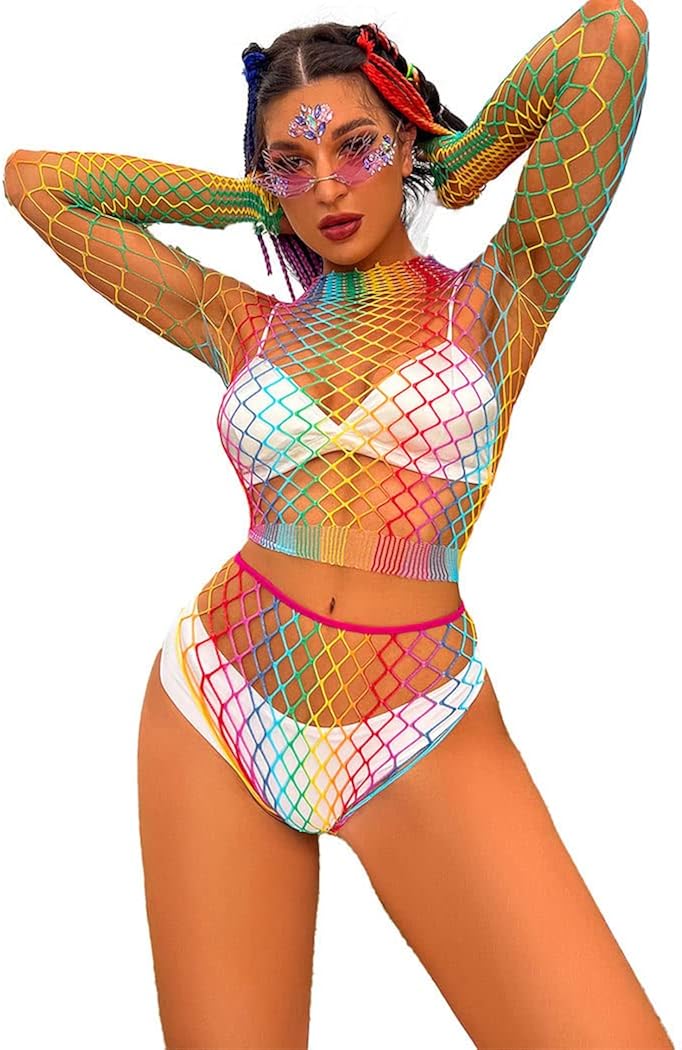 Eyret Fishnet Bodysuit Rainbow Mesh Bodystocking Colorful Long Sleeve Bodysuits Party Babydoll Lingerie for Women and Girls: Clothing, Shoes & Jewelry