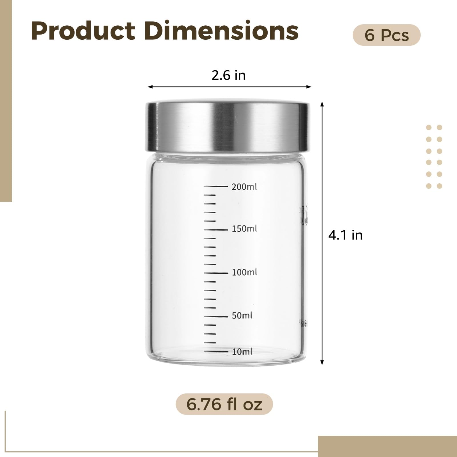 6er-Set 200 ml Borosilikatglas-Saftflaschen mit Messskala und luftdichten Edelstahl-Deckeln, wiederverwendbare Getränkeflaschen für Saft, Smoothies, Kombucha und mehr, für Küche und Alltag