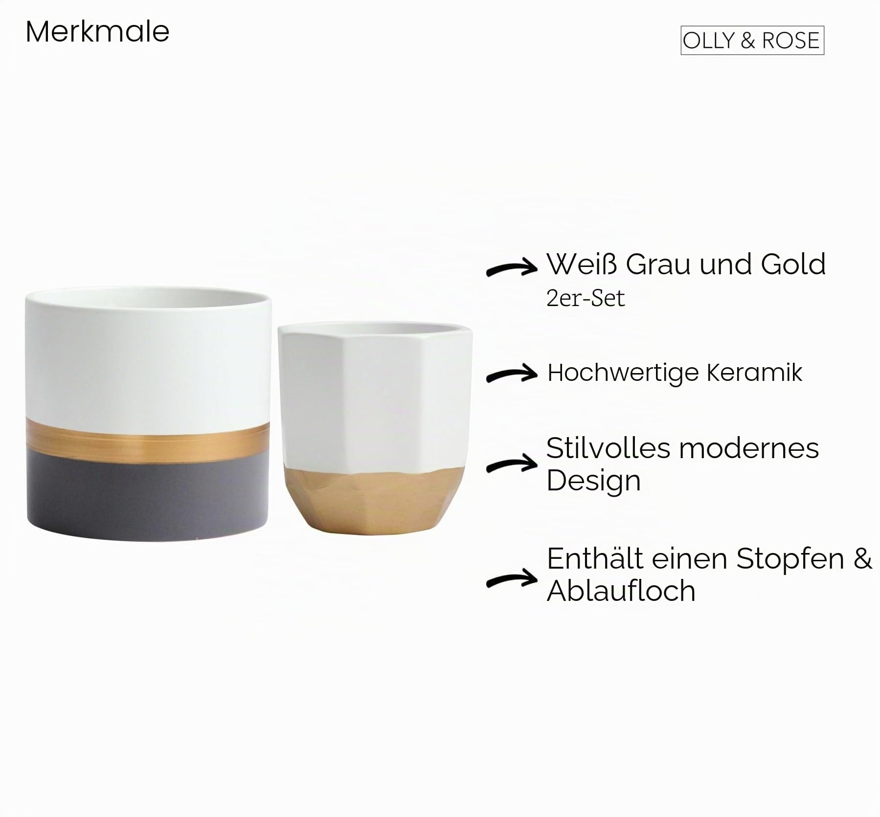 Olly & Rose Salih Weiß Grau und Gold Streifen Pflanztopf Set 2 Keramik Übertopf Set für Innen und Außen Übertopf Blumentopfe