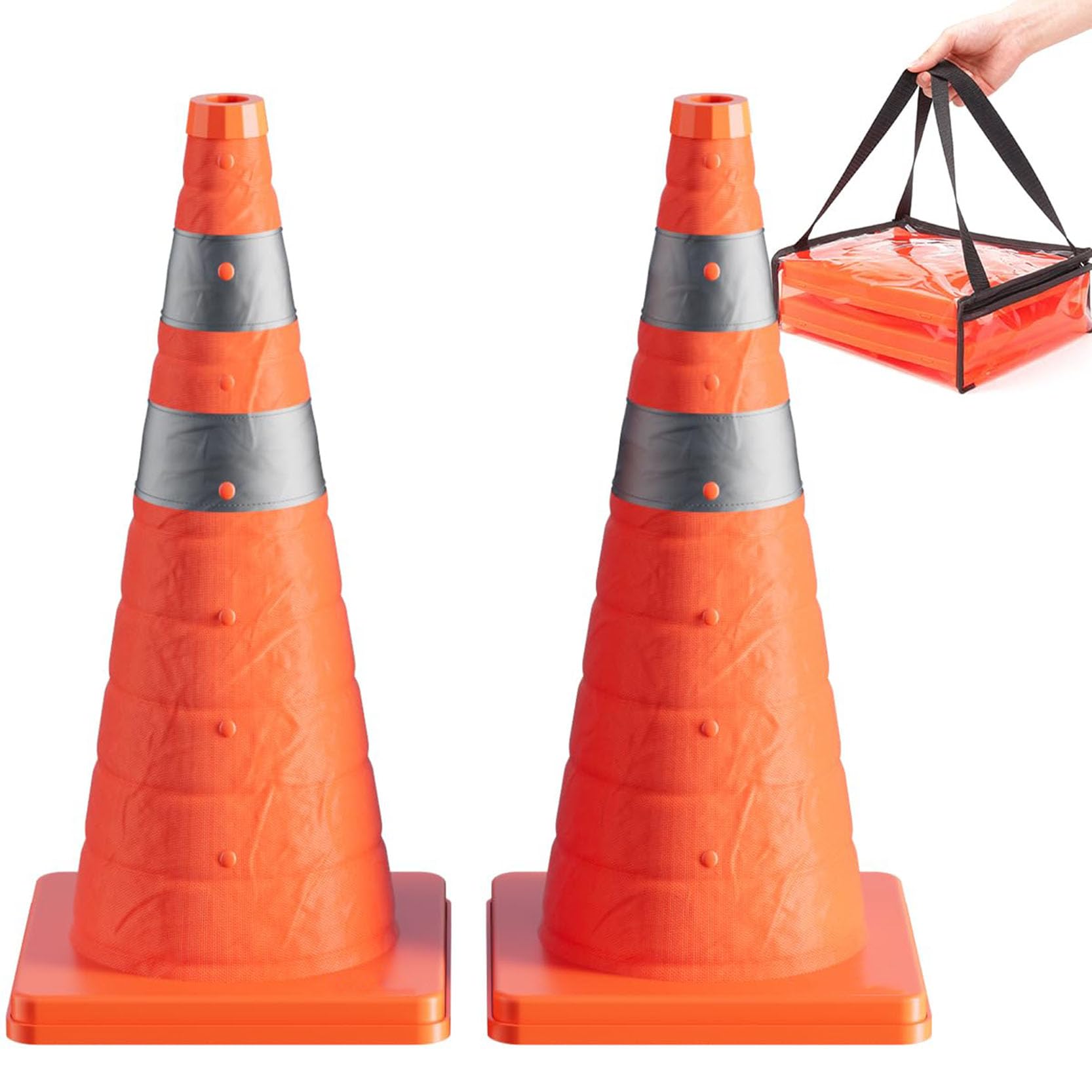 Lot de 2 Cônes de Signalisation Pliables et Portables Orange Cône Signalisation Pylône avec Bandes Réfléchissantes pour Parkings et Chantiers(Size:65x28x28cm,Color:2A)