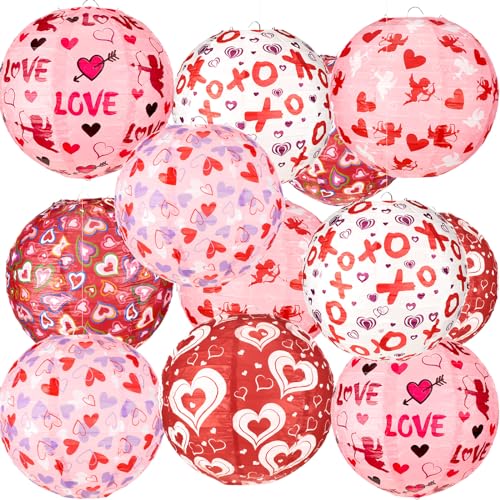 Image of Panelee 12 Pcs Valentine's Day Paper Lanterns Party Decorations Pink Heart Hanging Round Lanterns 8 Inch Hanging Paper Party Decorations for Valentine Indoor Outdoor Party Decorations Supplies