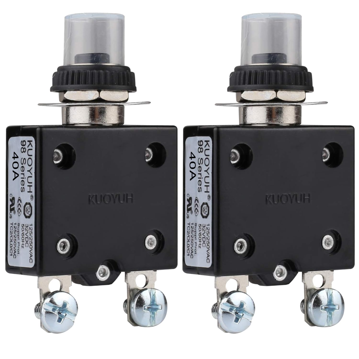 Thermal Circuit Breaker,98 Series 40A 125/250VAC Circuit Breaker Push-Button Reset with Quick Connect Terminals and Waterproof Button Cover 32VDC Thermal Overload Circuit Breaker - 40 Amp, 2Pcs