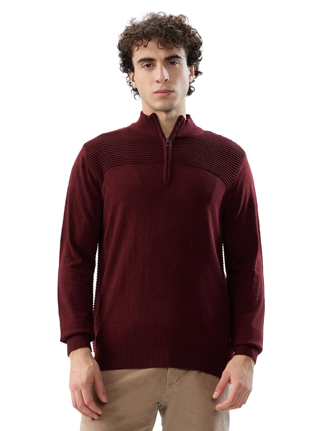 Men Regular Fit Structure Pattern Acrylic Wool Blend Full Sleeve Round Neck Casual Sweater Maroon-image-16