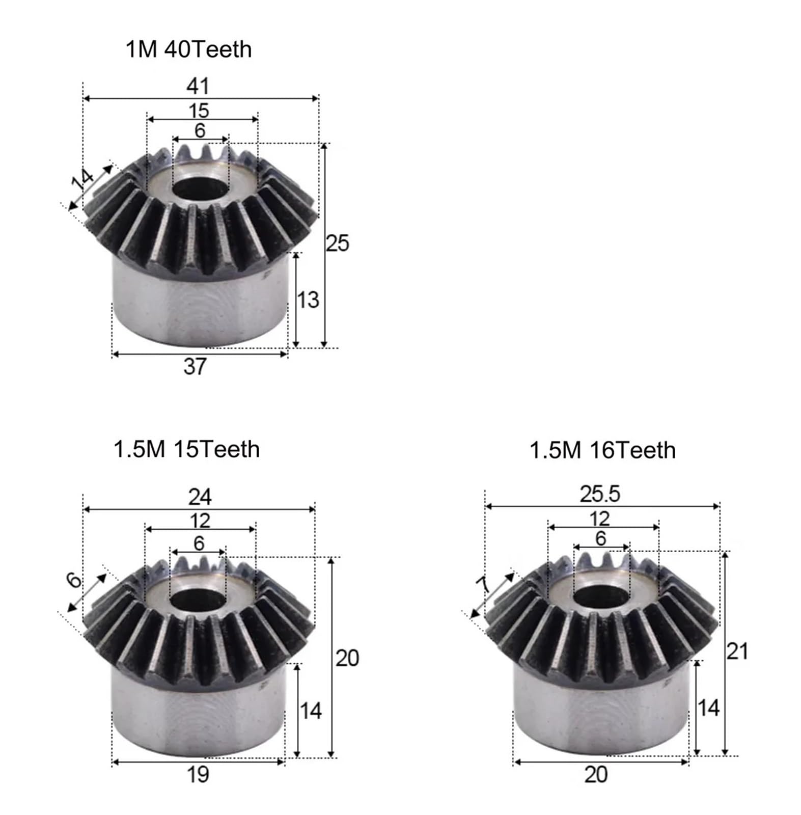 Bevel Gear Pinion Hardware Mechanical 15-40 Tooth Bevel Gear 1:1 0.5/1/1.5 Module 90 Degrees 45# Steel Mechanical Power Transmission Gear Process Hole(1.5M 16Teeth)