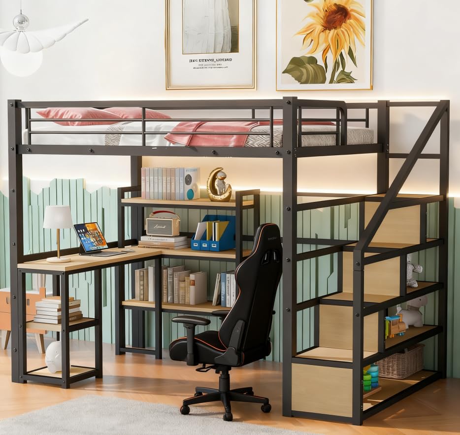 Image of Bellemave Full Loft Bed with Storage Stairs Desk and 3-Tier Shelves, Full Size Loft Bed for Kids, Teens, Adults, Black