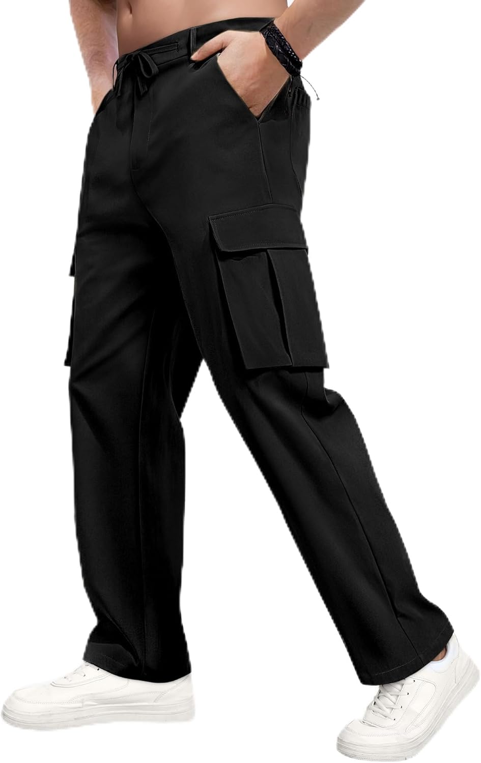 Mens Cargo Pants Straight Leg Sweatpants with Drawstring Waist Casual Workout Hiking Jogger Pants with Pockets Black, XL