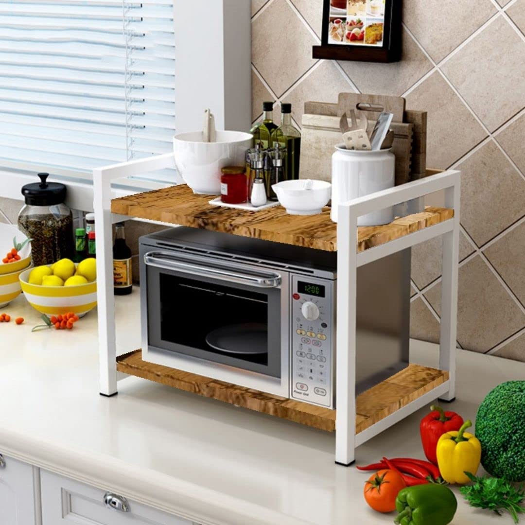 Microwave Stand, Kitchen Platform Oven Stand Rack, Toaster, Printer Stand Organizer with Storage Shelf Acacia Solid Indian Wood and Mild Steel Metal. (White)-picture-31