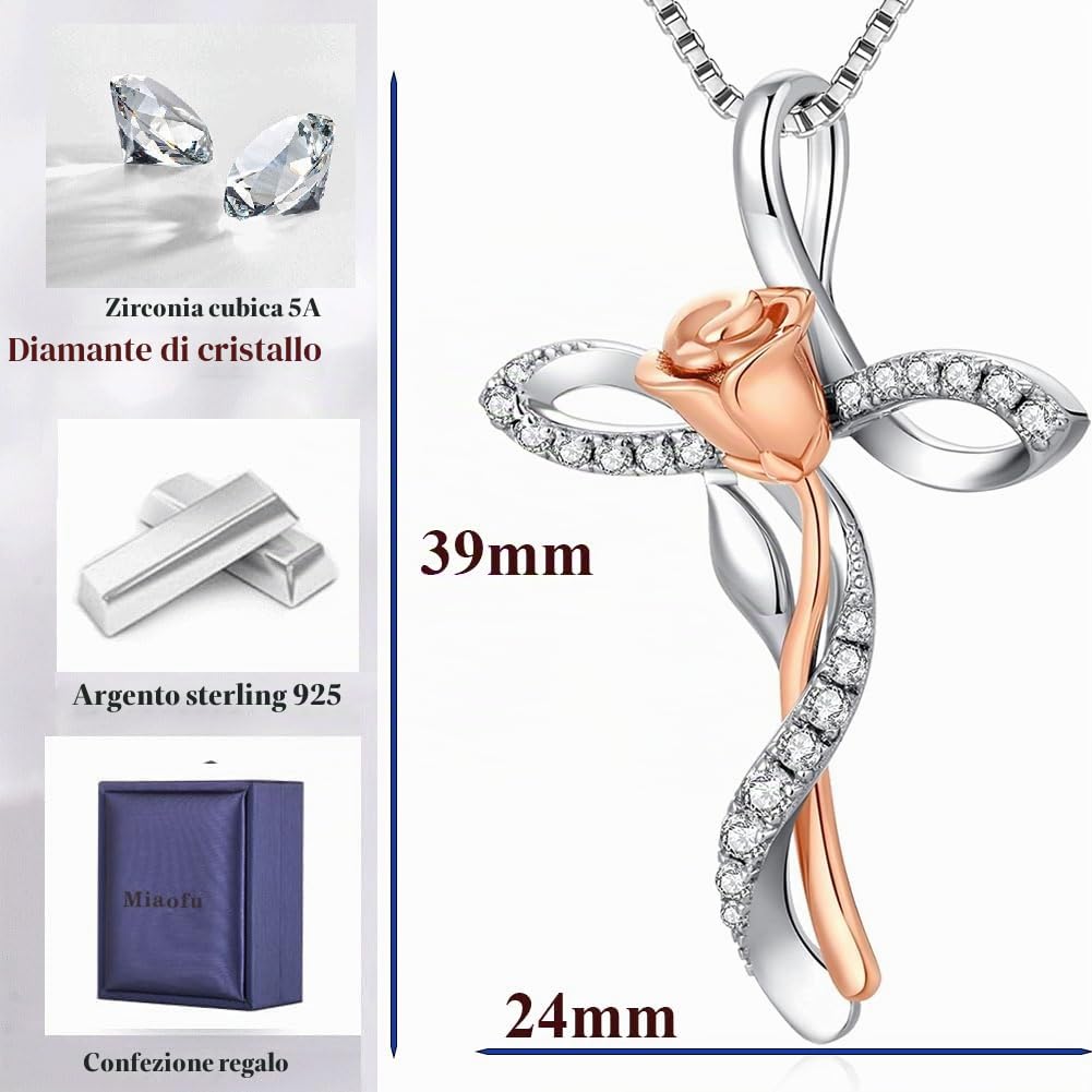 Collana Croce Infinito Rosa 18K placcato in oro bianco per Donna in Argento Sterling 925 con Ciondolo Diamante Simulato, Gioiello Elegante per Donne