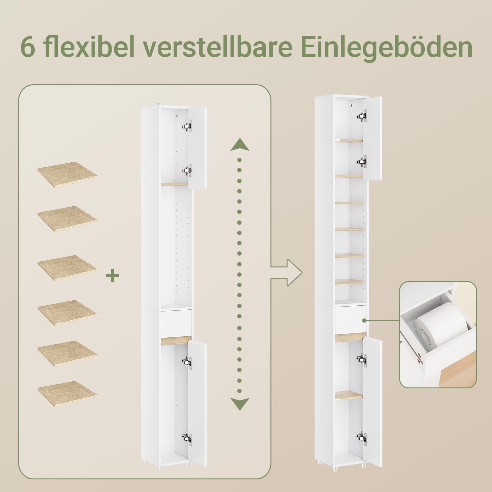 SoBuy Badezimmerschrank Hochschrank Schmal 20x20x180cm Für Kleine Bäder | Platzsparender Badschrank Mit Verstellbaren Einlegeböden Für Waschbecken, WC, Waschmaschine BZR34-WN