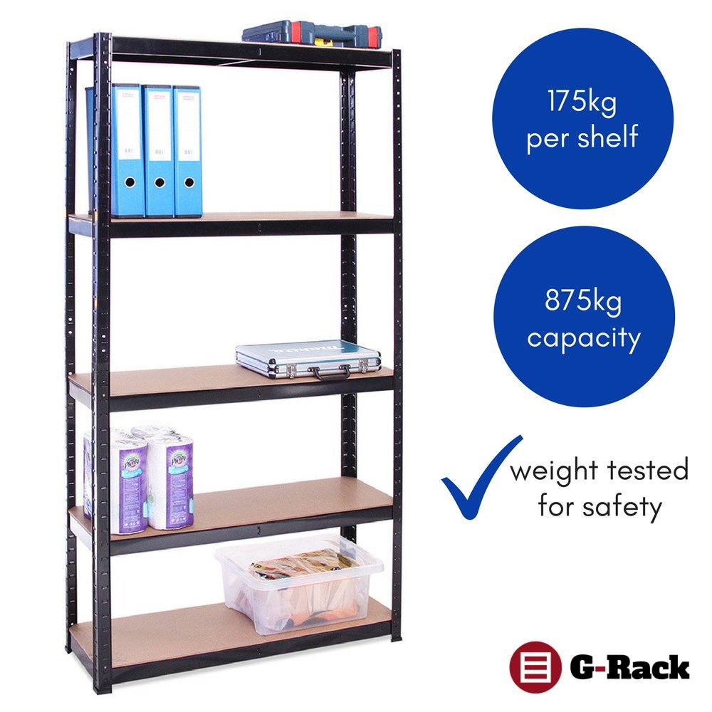 Estante de Almacenamiento para Garaje: 180 cm x 90 cm x 30 cm | Dos unidades, Negro - 5 Estantes | 175 kg de carga cada balda (Capacidad para 875 kg) | Estantería para Garaje - 5 Años de Garantía