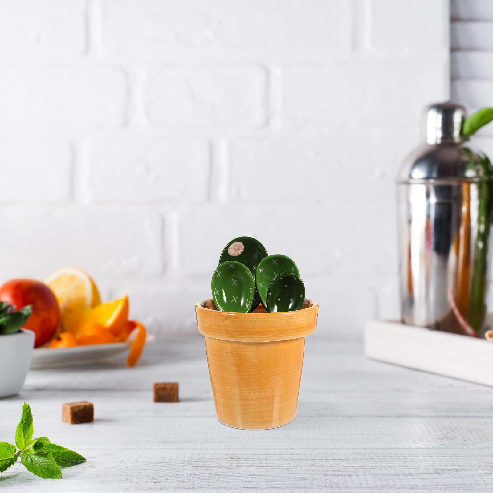 CRAFTHROU 1 Juego Cucharas Medidoras con Soporte Estilo Cactus Utensilios de Cocina para Repostería Medición Precisa para Café Especias y Condimentos