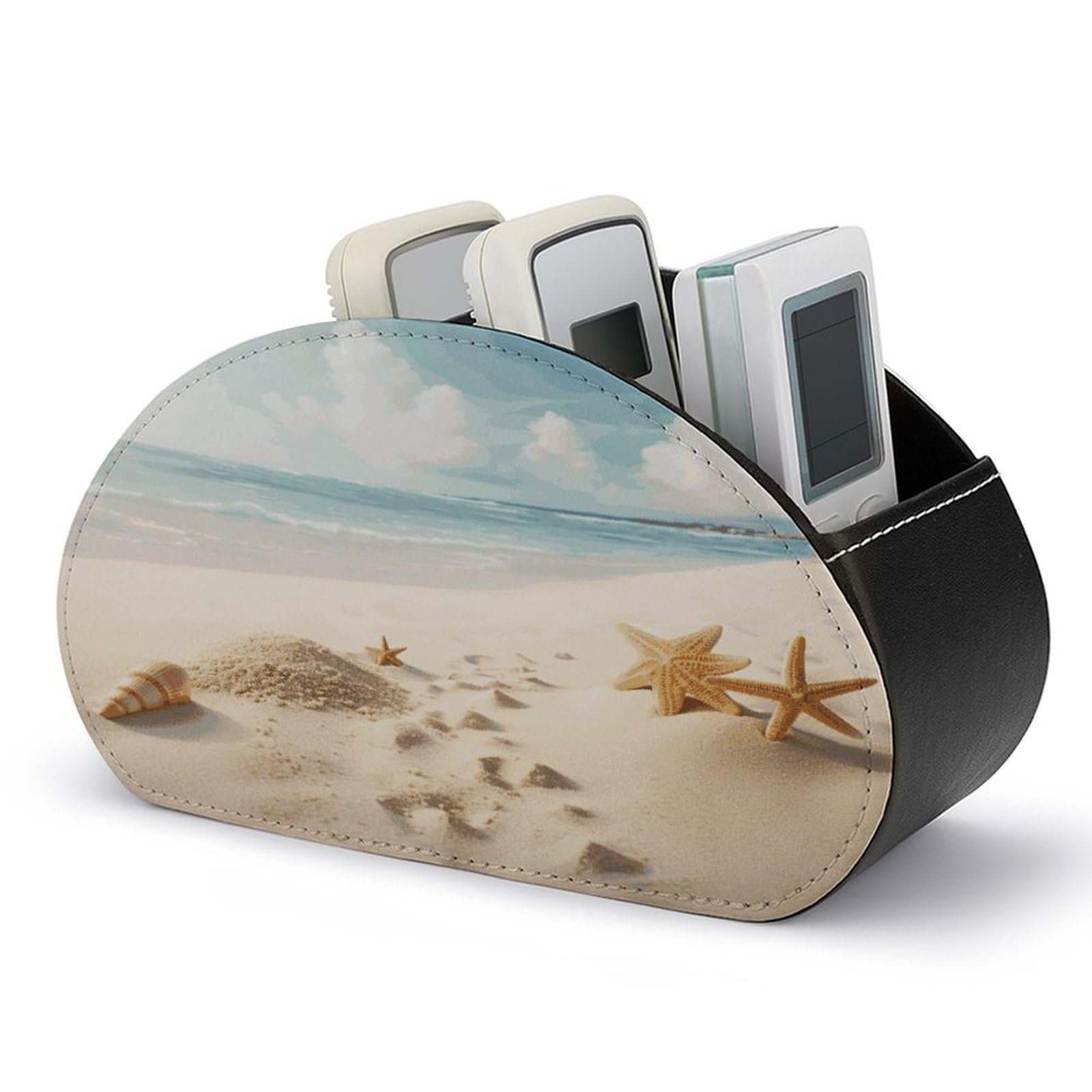 FekiLoot Leather Remote Control Holder with 5 Compartments Beach Theme Remote Caddy Desktop Organizer Store TV Remote Holder Remote Organizer for Bedside Table Office Desk