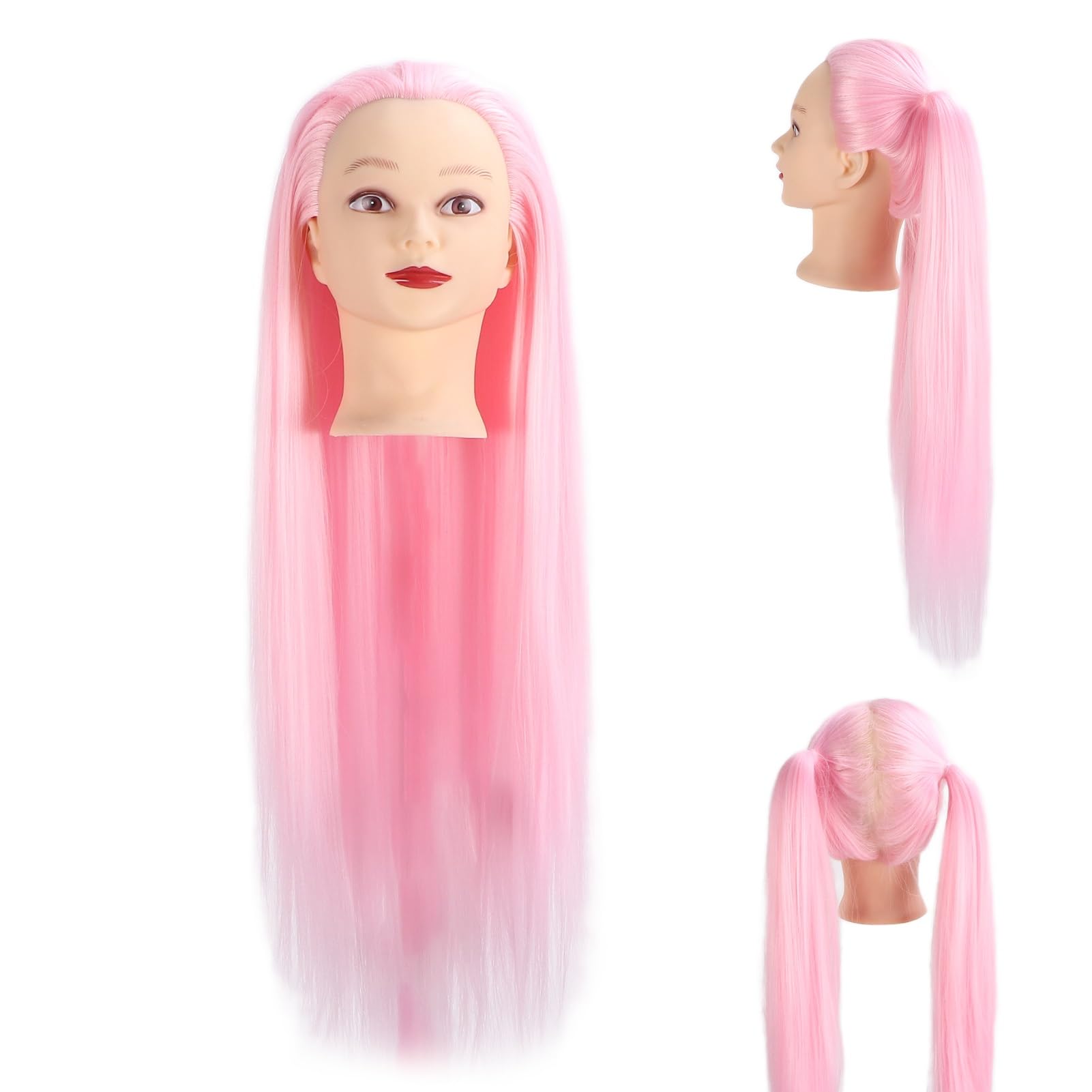 NSXAYIWE Mannequin Head Pink Hair, Wig Mannequin Head Doll Head for Hair Styling Braiding Cutting Practice Training, Hairdresser Gifts
