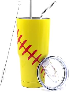 FMYWZS 30 oz Softball Tumbler Cup, Double Wall Vacuum Insulated Stainless Steel Travel Mug with Lid and Straw, Softball Accessories Stuff Gifts for Mom Men Boys Girls
