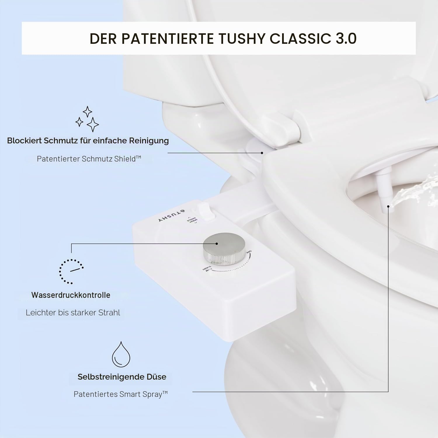 TUSHY Classic 3.0 Bidet-Toilettensitz-Aufsatz, nicht elektrischer, selbstreinigender Wassersprüher mit verstellbarer Wasserdruckdüse, Winkelsteuerung, einfache Installation zu Hause, Platin | Nicht elektrischer, selbstreinigender Wassersprüher, verstellba