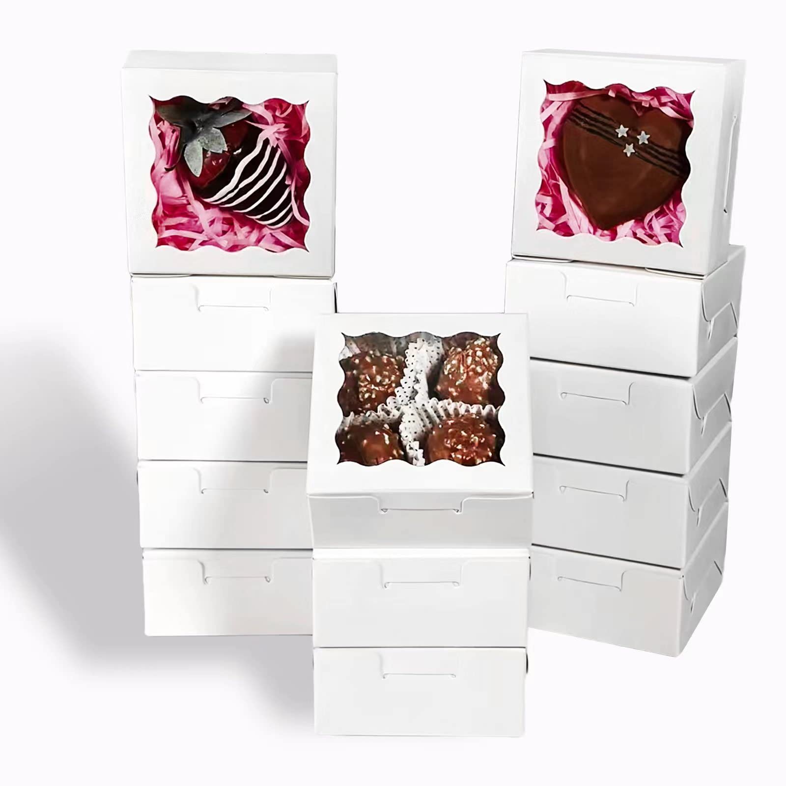 RomanticBaking 3.2" x 3.2" x 1.5" 100PCS Cookies, Soap, Chocolate Truffle, Donut, Macaron, Mini Bakery Boxes with Window