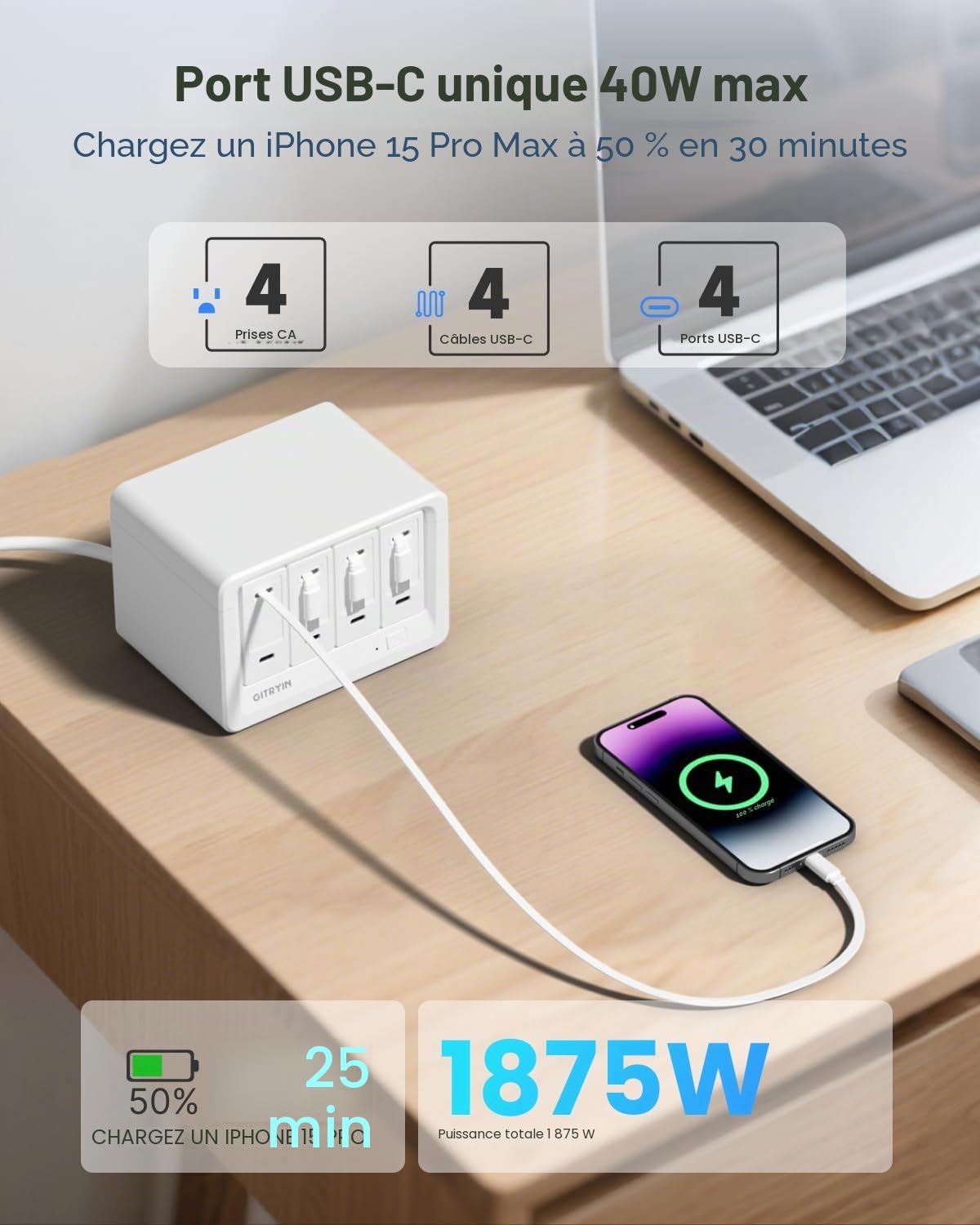 Gitryin Station de chargement de bureau 12 en 1 avec 4 chargeurs muraux rétractables, multiprise USB-C 40W avec 4 AC, 4 USB C, 4 câbles Type-C de 85 cm, rallonge avec protection contre les surtensions