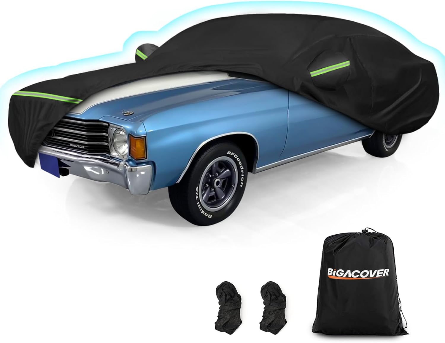 Waterproof Car Covers for Chevrolet Chevelle Malibu SS Sedan/Coupe 1964-1972, 420D Oxford Cloth Sun Heat Protection Outdoor Full Covers with Driver Side Zipper Windproof Heavy Duty All Weather Black for Malibu SS