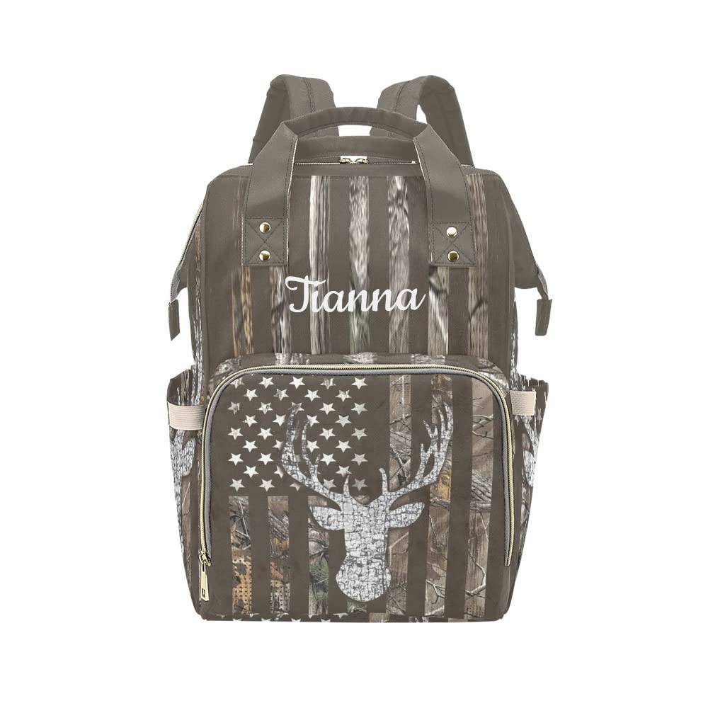 American Flag Deer Camo Brown Diaper Bags with Name Waterproof Mummy Backpack Nappy Nursing Baby Bags Gifts Tote Bag for Women