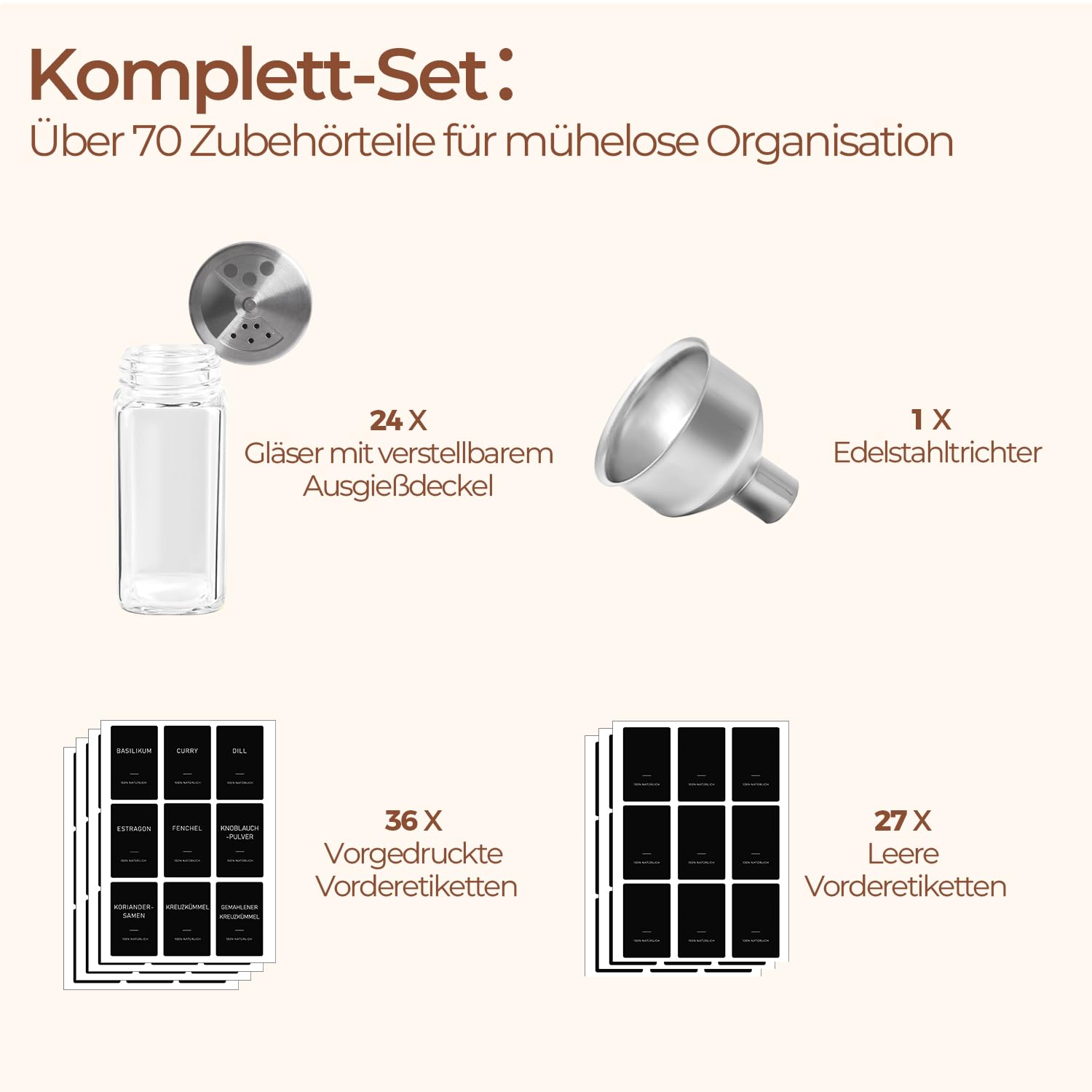 ComSaf Gewürzgläser Eckig mit Etiketten (24×120ml), Gewürzstreuer Glas mit Metalldrehdeckel, Gewürzdosen Edelstahltrichter, Gewürz Organizer, Gewürzbehälter, Spice Jars