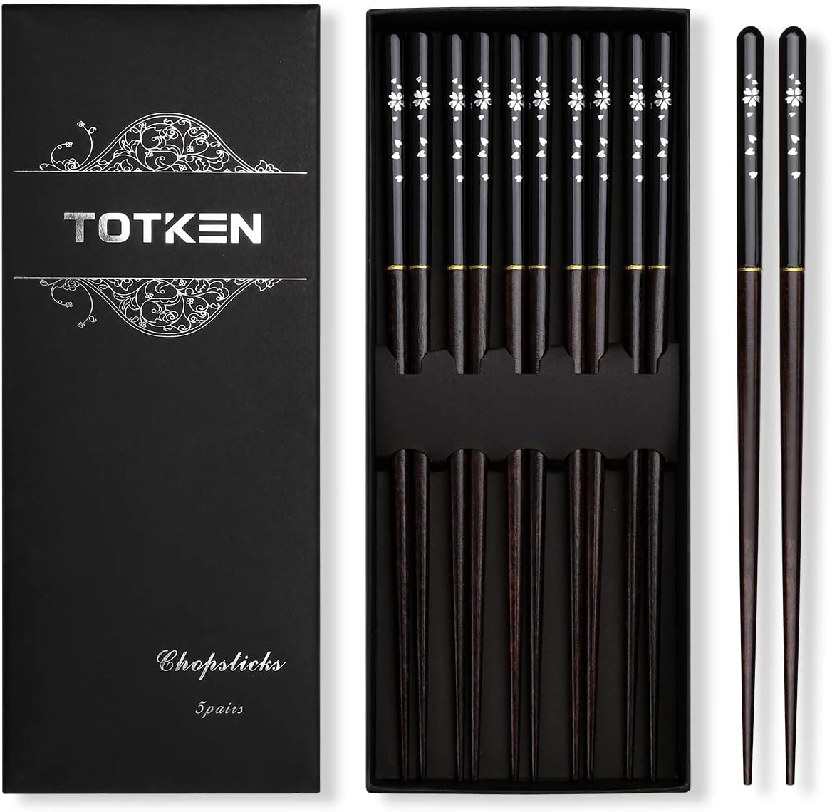 Chopsticks, 9 Inch Japanese Natural Wooden Chopsticks Reusable and Durable 5 Pairs Lightweight Wood Chopsticks For Sushi, Pasta, Or Chinese Japanese Dishes with Gift Box(Black)
