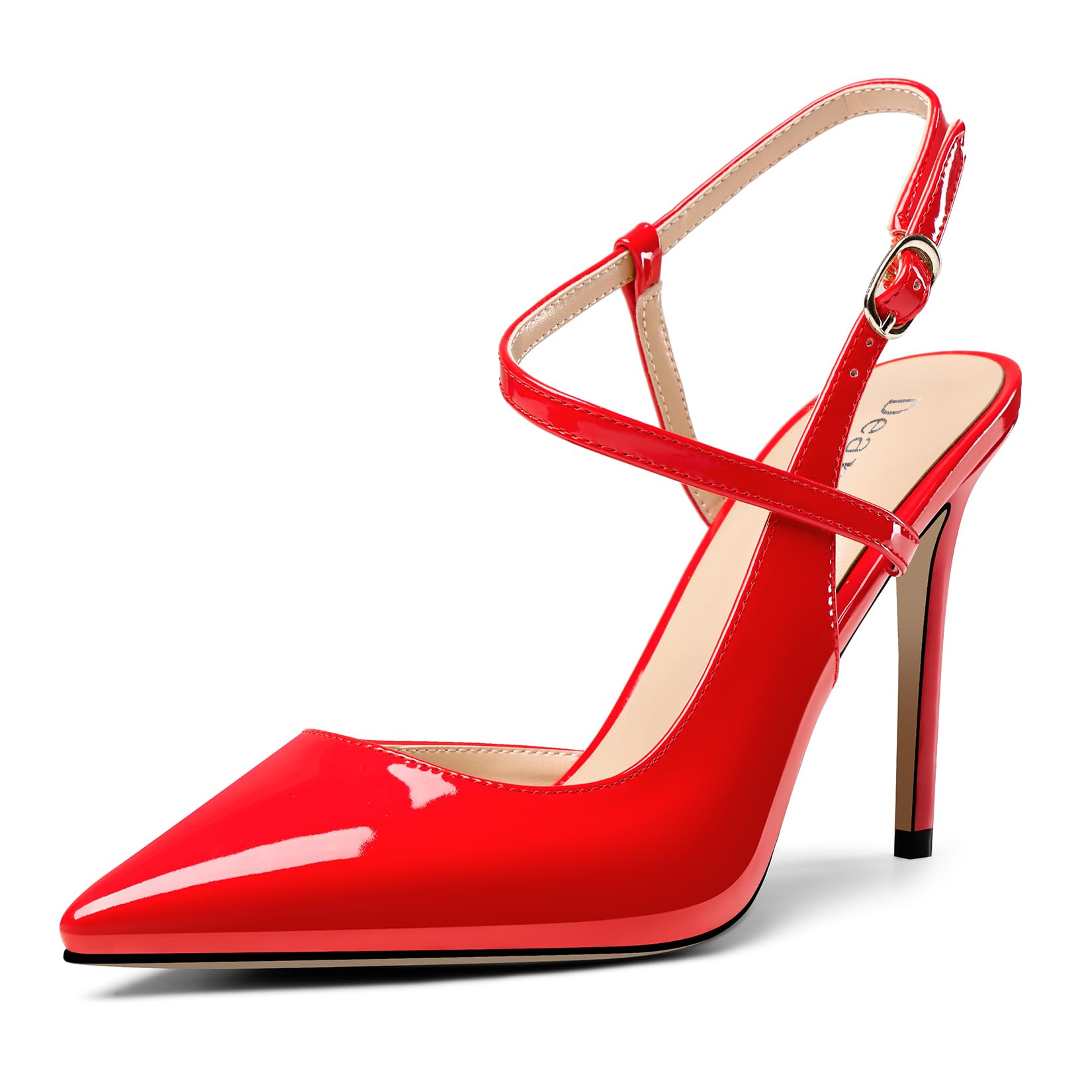 DearOnly Womens Sexy Slingback Ankle Strap Buckle Pumps High Stiletto Heel Close Pointed Toe Patent Leather Wedding Prom Shoes 3.9 Inches Heels