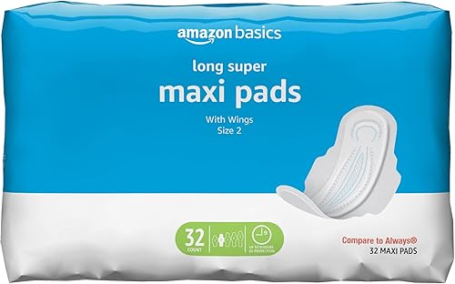 Tienda Basics Almohadillas largas gruesas con alas flexibles para períodos, longitud larga, súper absorción, sin perfume, talla 2, 32 unidades, 1