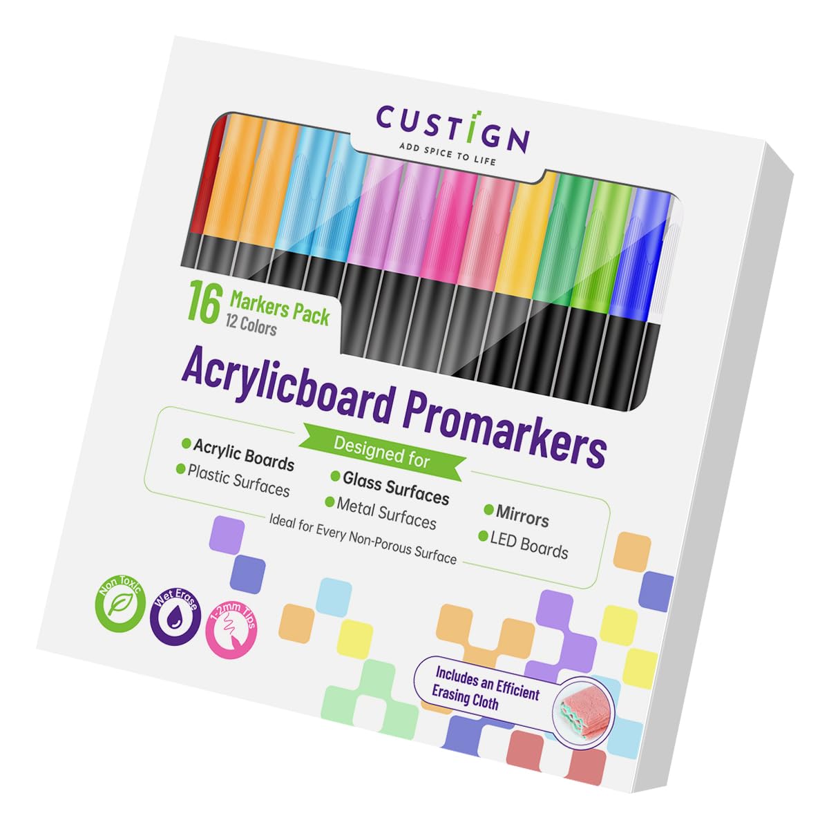 16-Pack Diverse Wet Erase Markers for Acrylic Board Magnetic Planners & Fridge Calendars: 12 Unique Colors, 1-2mm Fine Tips, Easy Clean, Bonus Cleaning Cloth Included