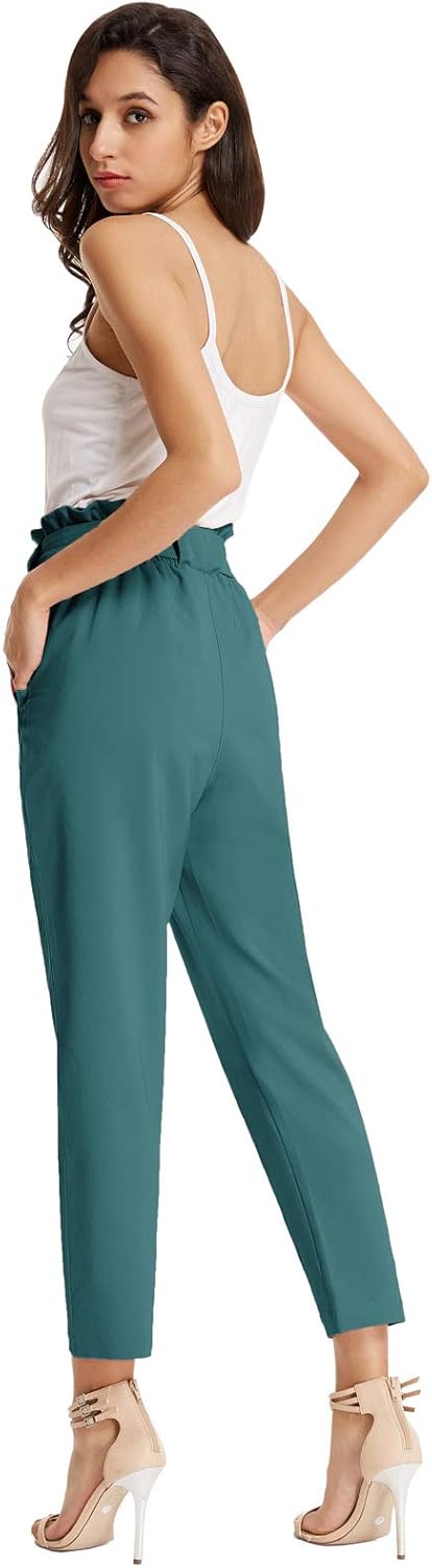 GRACE KARIN Women's Cropped Paper Bag Waist Pants with Pockets Small Teal Blue