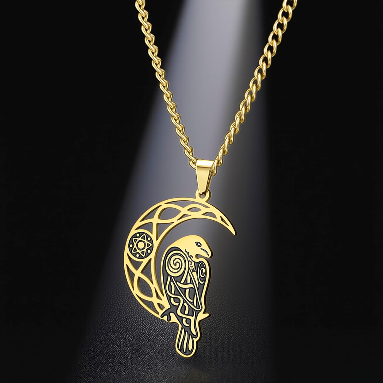 VASSAGO Viking Raven Necklace for Women Men Stainless Steel Crescent Moon Necklace Odin Raven Pendant Amulet Jewelry Gift - Image 8