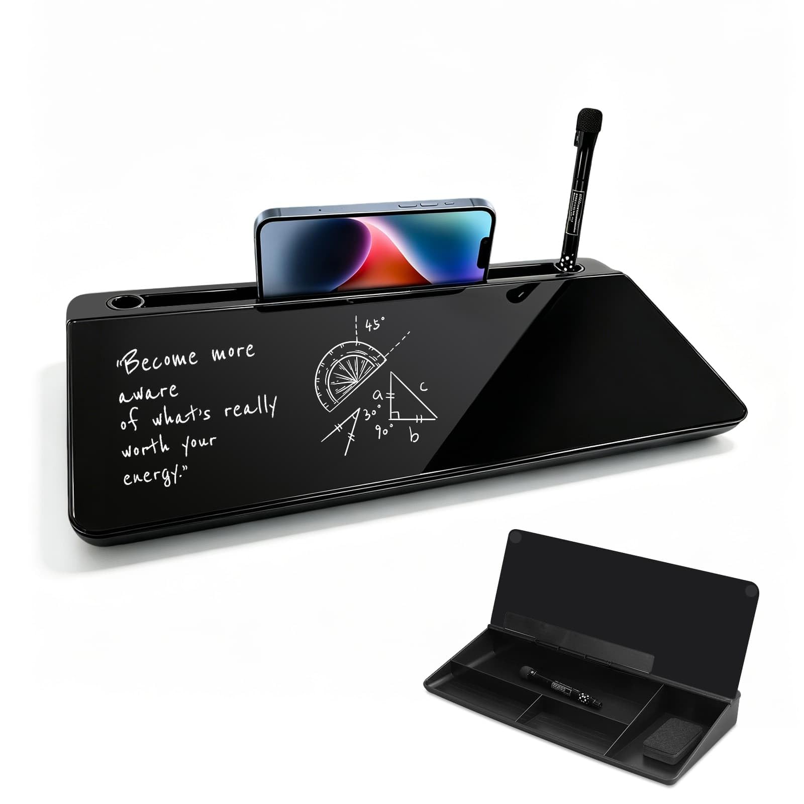 Desk Whiteboard with Storage,39x17.5x5cm Glass Wipe Board with Pen & Eraser