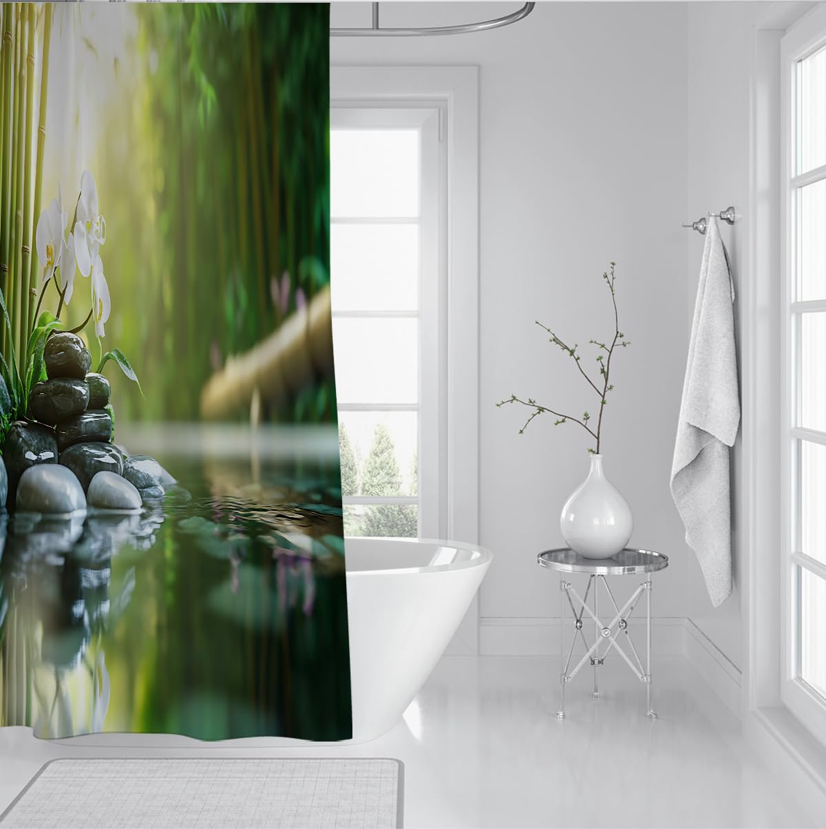 Meditationsgarten Duschvorhang Tropischer Wald Balancierender Stein Weißer Orchidee Stoff Badevorhang Sonnenstrahl Fluss Bach Badezimmerdekoration 200 x 240 cm