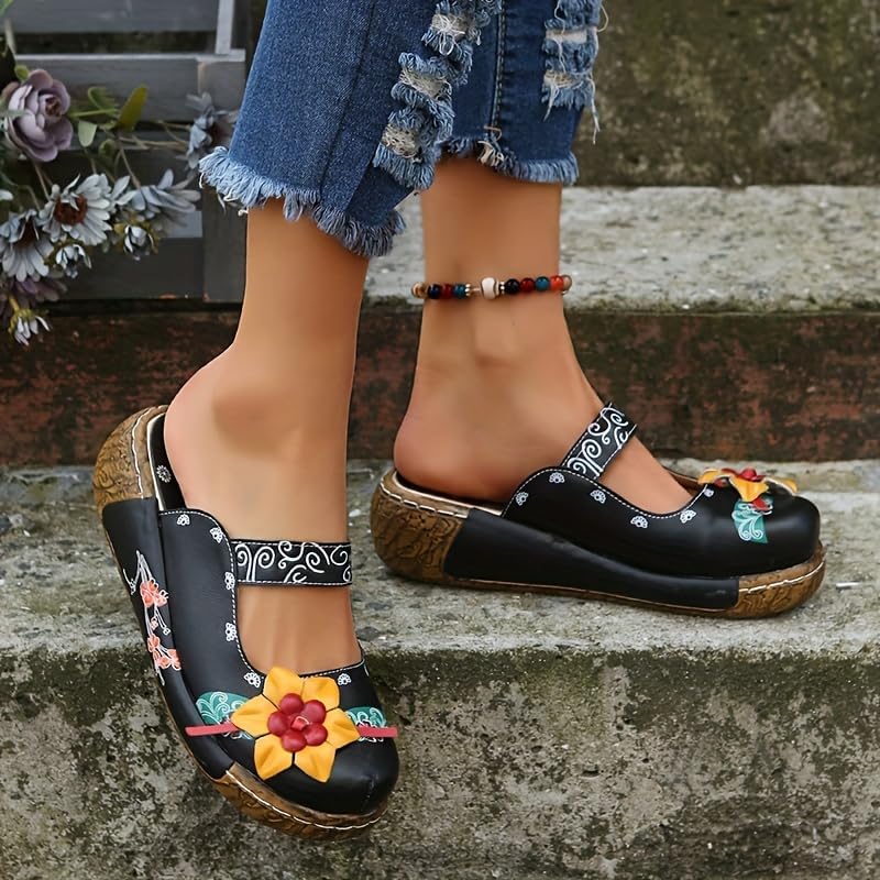 Women's Tribal Flower Platform Mules - Closed Toe Wedge Slides Sandals4
