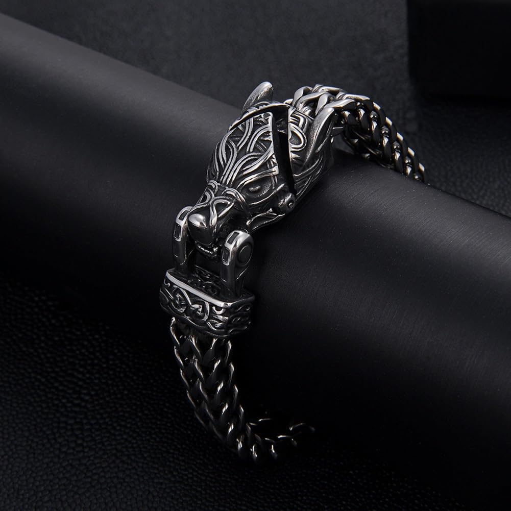 Oidea Bracciale Vichingo Uomo Con Testa Di Lupo – Acciaio Inox, Catena Cubana Larga 12 Mm – Gioiello Celtico Norreno