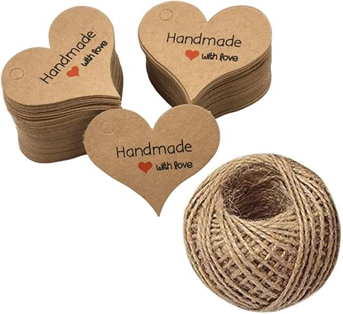 Mini etiquetas de papel de regalo hechas a mano con amor, 200 etiquetas de regalo marrones en forma de corazón con yute natural de 99 pies, bondad