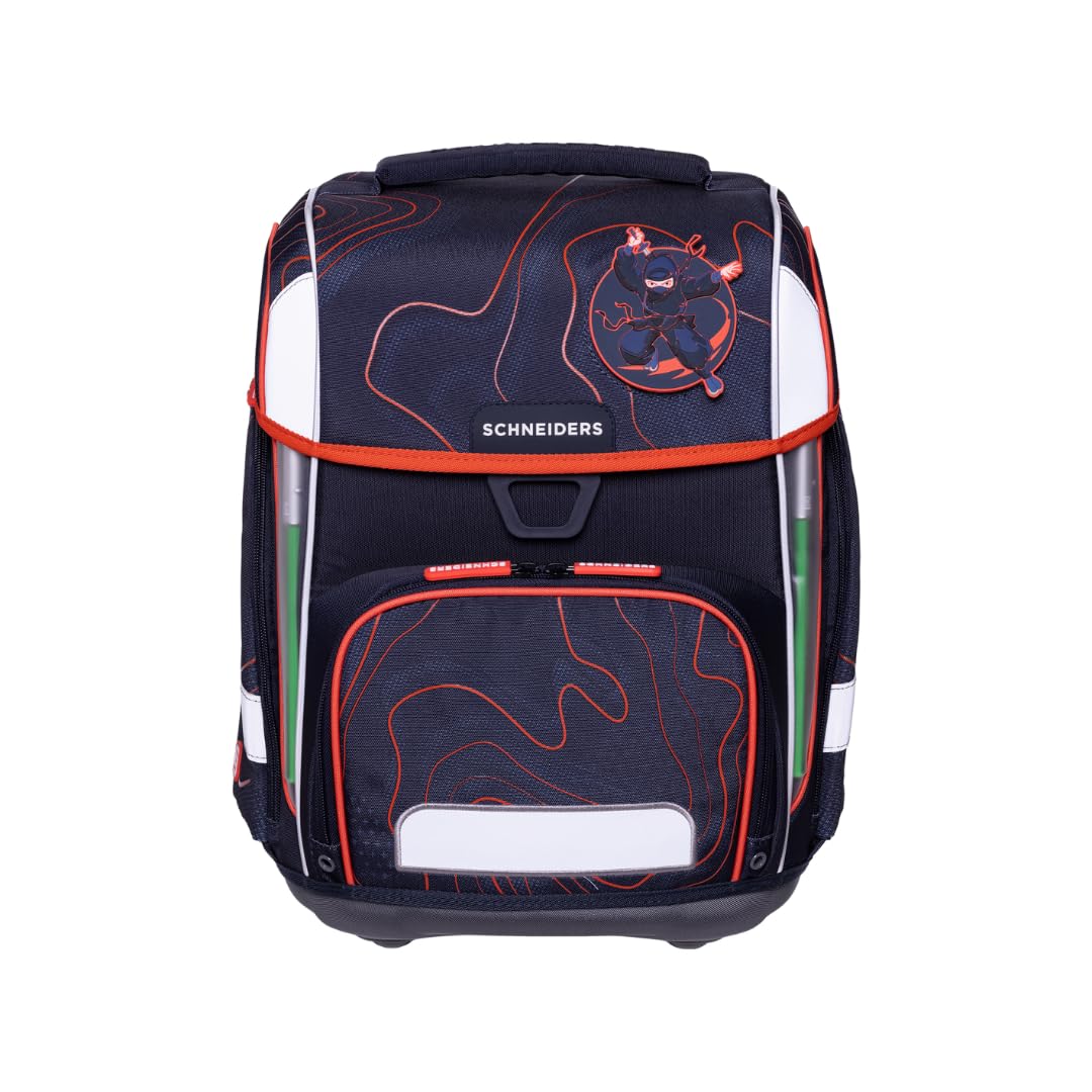 Schneiders Ergolite Schultasche Ninja Revenge – 9-teiliges Schulranzen Set für Jungen – Ergonomisch, Leicht (1,2 kg), Mit LED-Leuchtstäben, Reflektoren & Zubehör – 22L Volumen