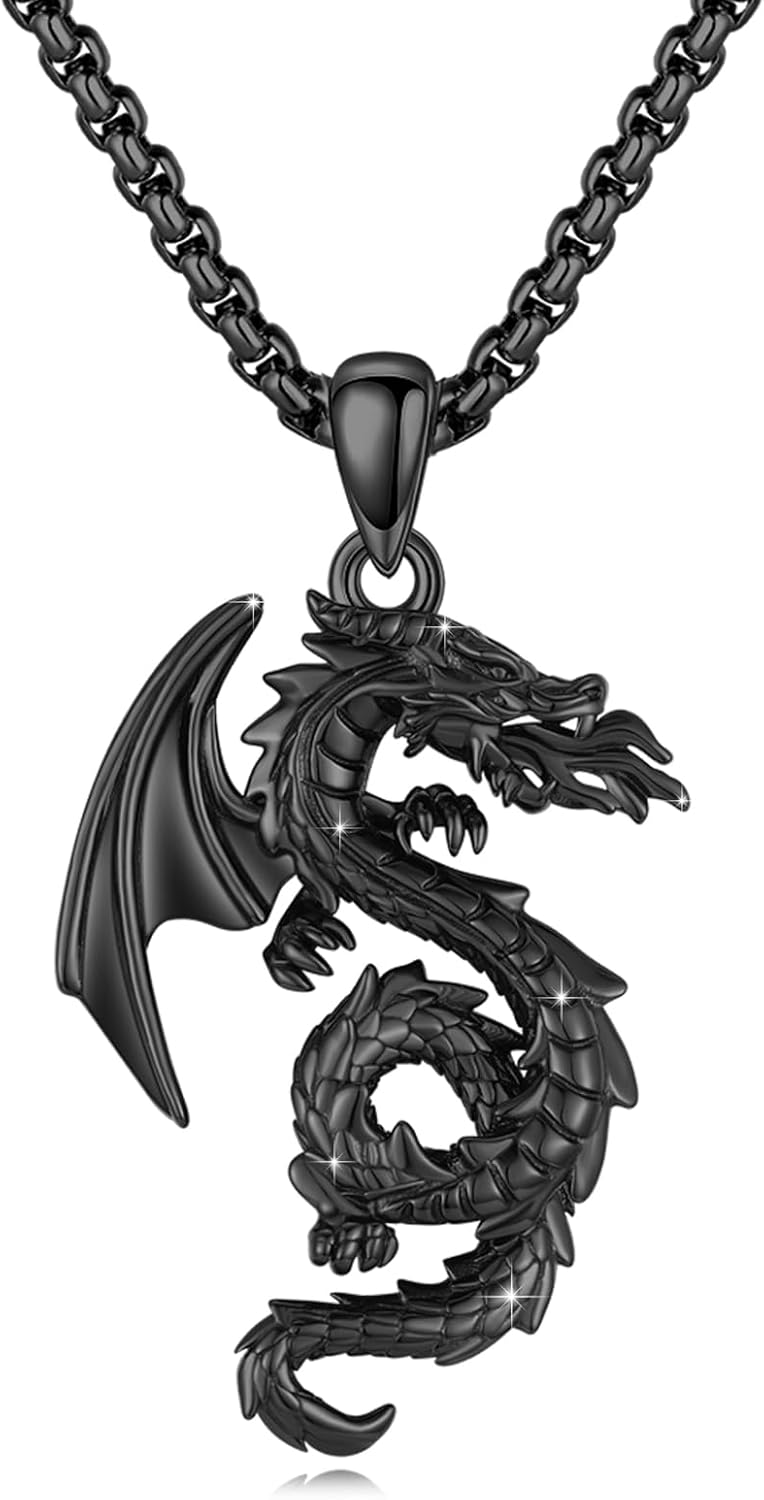 Dragon Necklace for Men Malachite/Obsidian/Amethyst/Lapis Lazuli/Tiger Eye/White Crystal Fire-breathing Dragon Pendant Sterling Silver Medieval Mythic Totem Chain Vintage Animal Jewelry Gifts