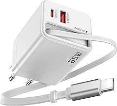 65W GAN USB-C Charger, 3-Port Fast Charger with Retractable Cable 65cm for iPhone 17, 17 Air, 17 Pro MAX, 16, 15, Pro MAX, iPad, MacBook, Samsung Galaxy Series, Travel (White)