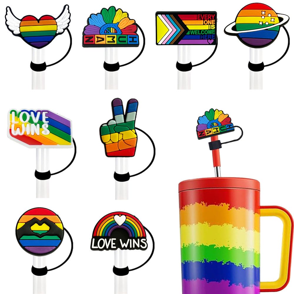 8 Pcs Rainbow Straw Cover Caps 10mm Silicone Straw Covers for Tumblers Reusable Drinking Straw Topper 30 and 40oz Cup Straw Protector Birthday Pride