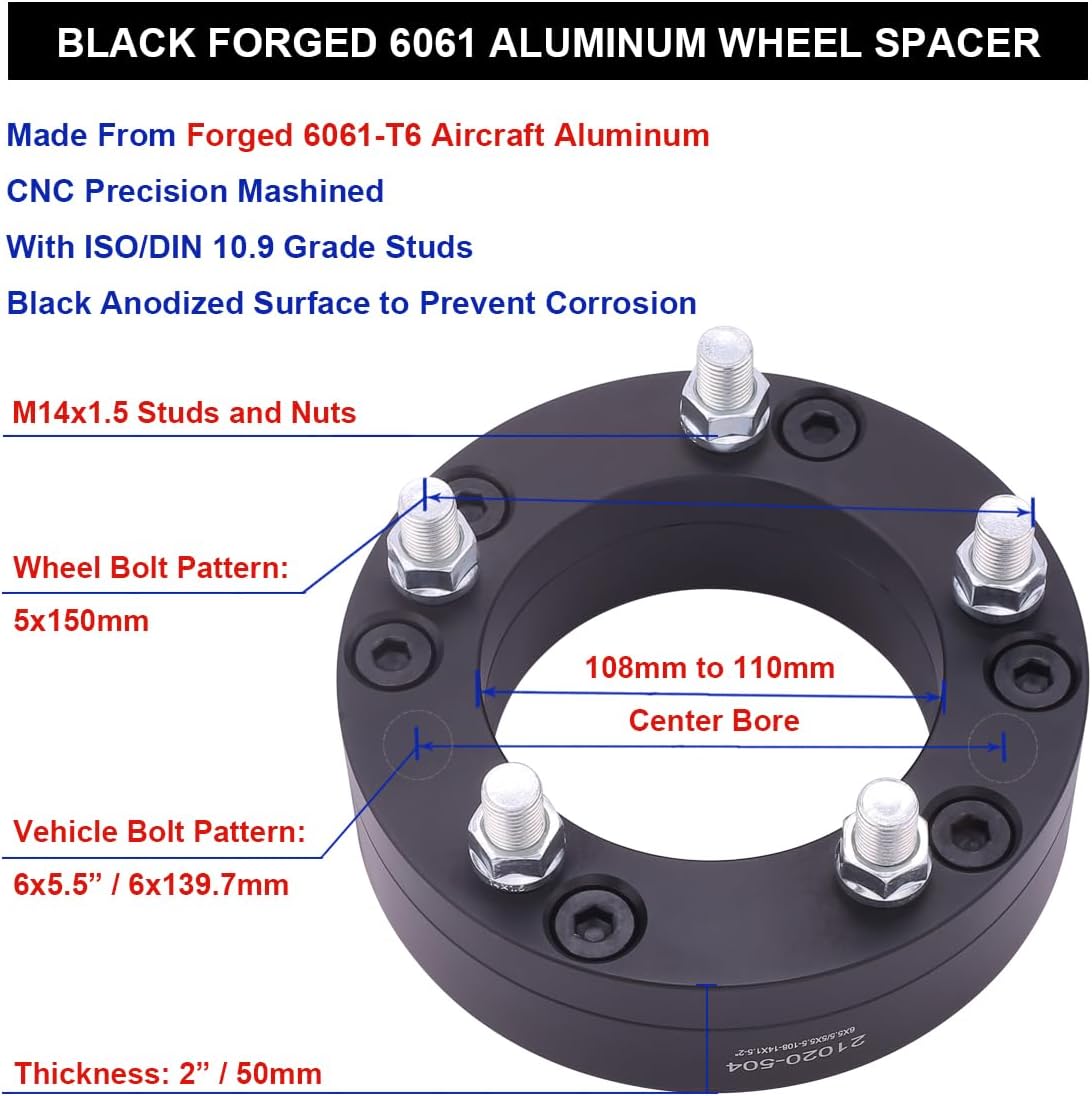 Black Forged 6x5.5 to 5x150 Hubcentric Wheel Adapters 2 Inch Compatible with Toyota-Chevy-GMC 6 Lug 6x139.7 Truck Adapted to 5 Lug 5x150 Rim - Pack of 4