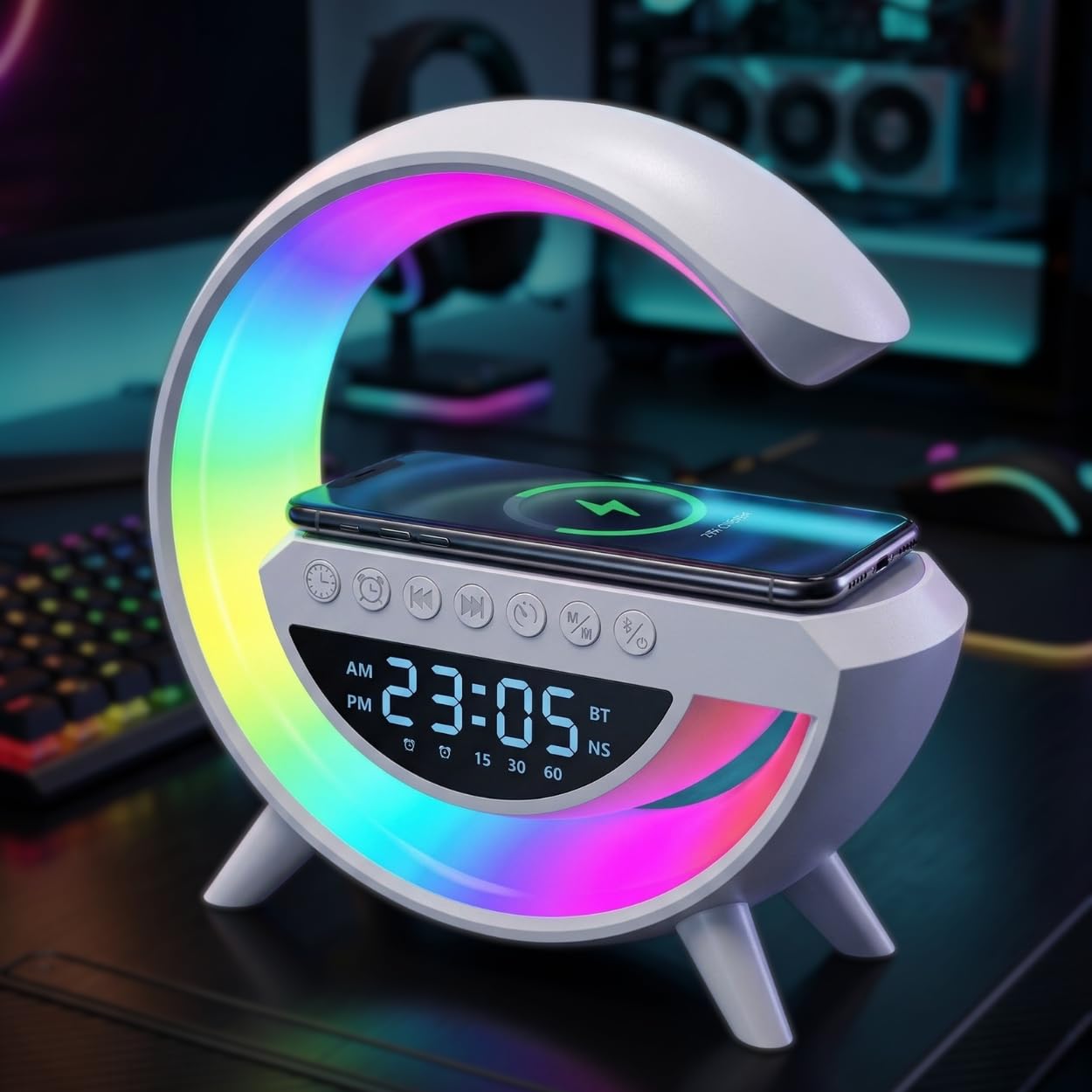 G Shape Wireless Charger with Bluetooth Speaker, LED Lamp, Alarm Clock & Fast Wireless Charging Station-image-27