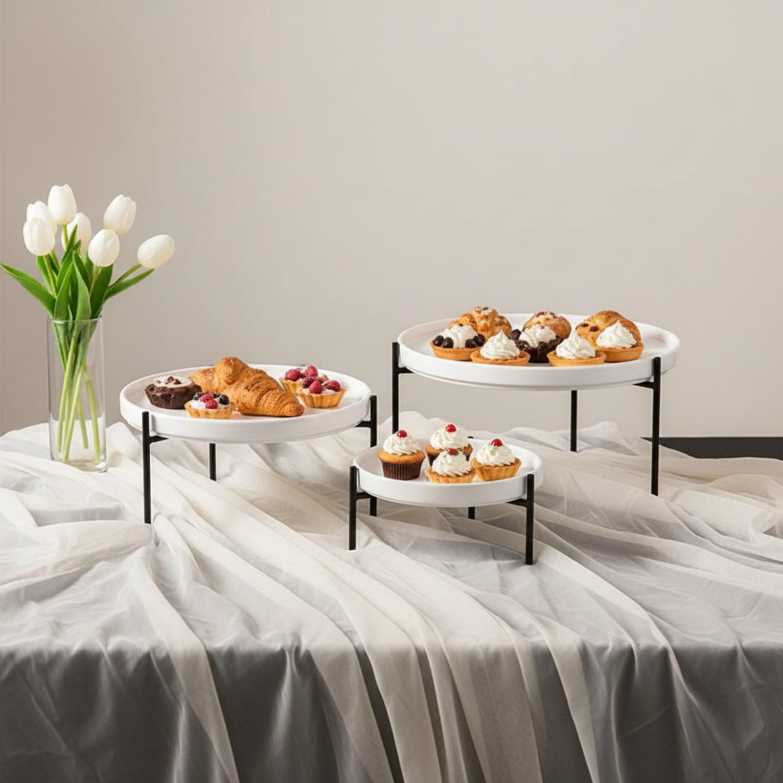 rockible 3 Piezas Trípo con Banja Redonda Eleción Expositor Postres Hierro Versátil para Buffets