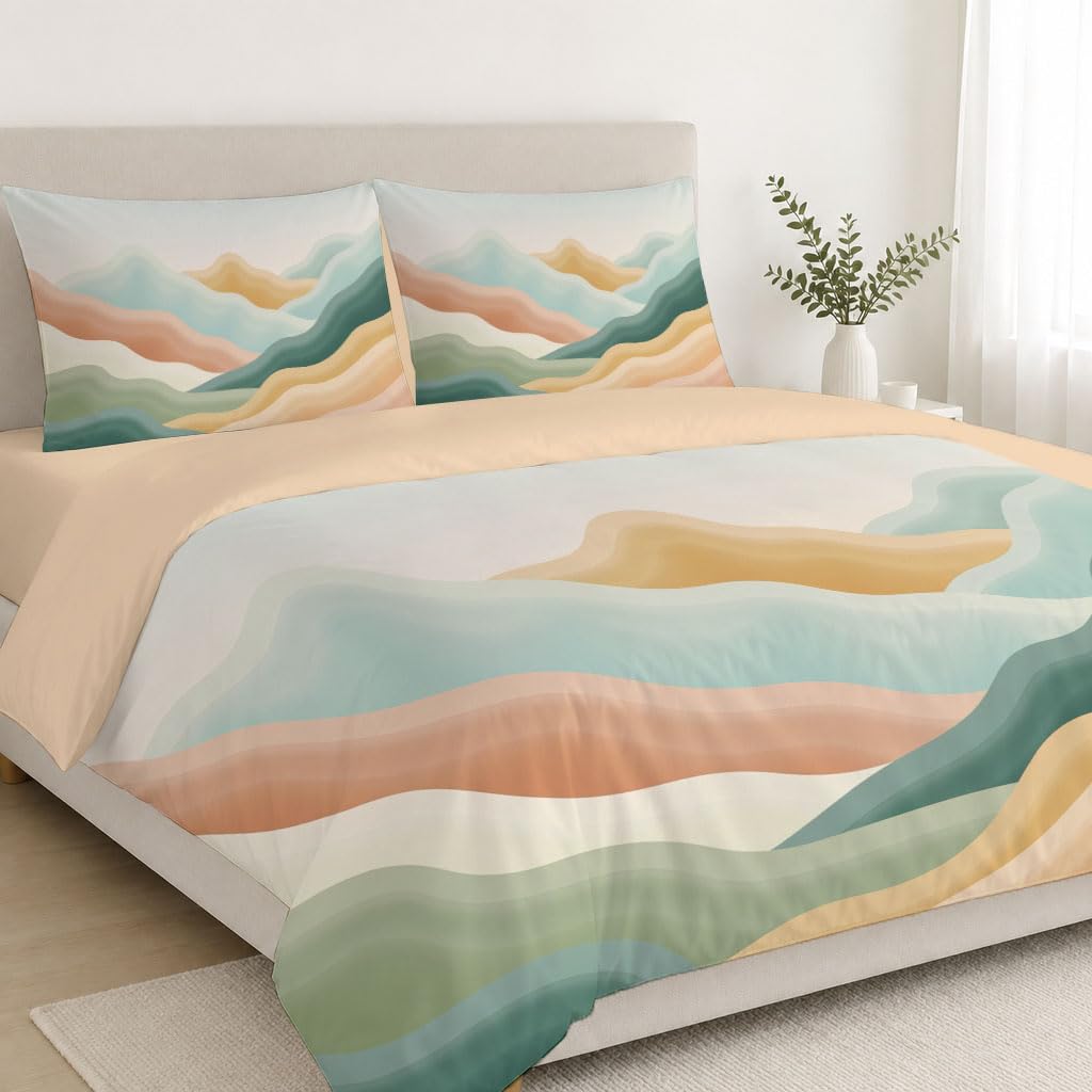 Bettwäsche 155x220cm 3 teilig Minimalismus Abstrakt Grün-Orange | Bettbezug Set mit Geschichtetes Gebirge Muster, Bettwäsche-Sets 155x220cm aus Mikrofaser, Weich und Bügelfrei