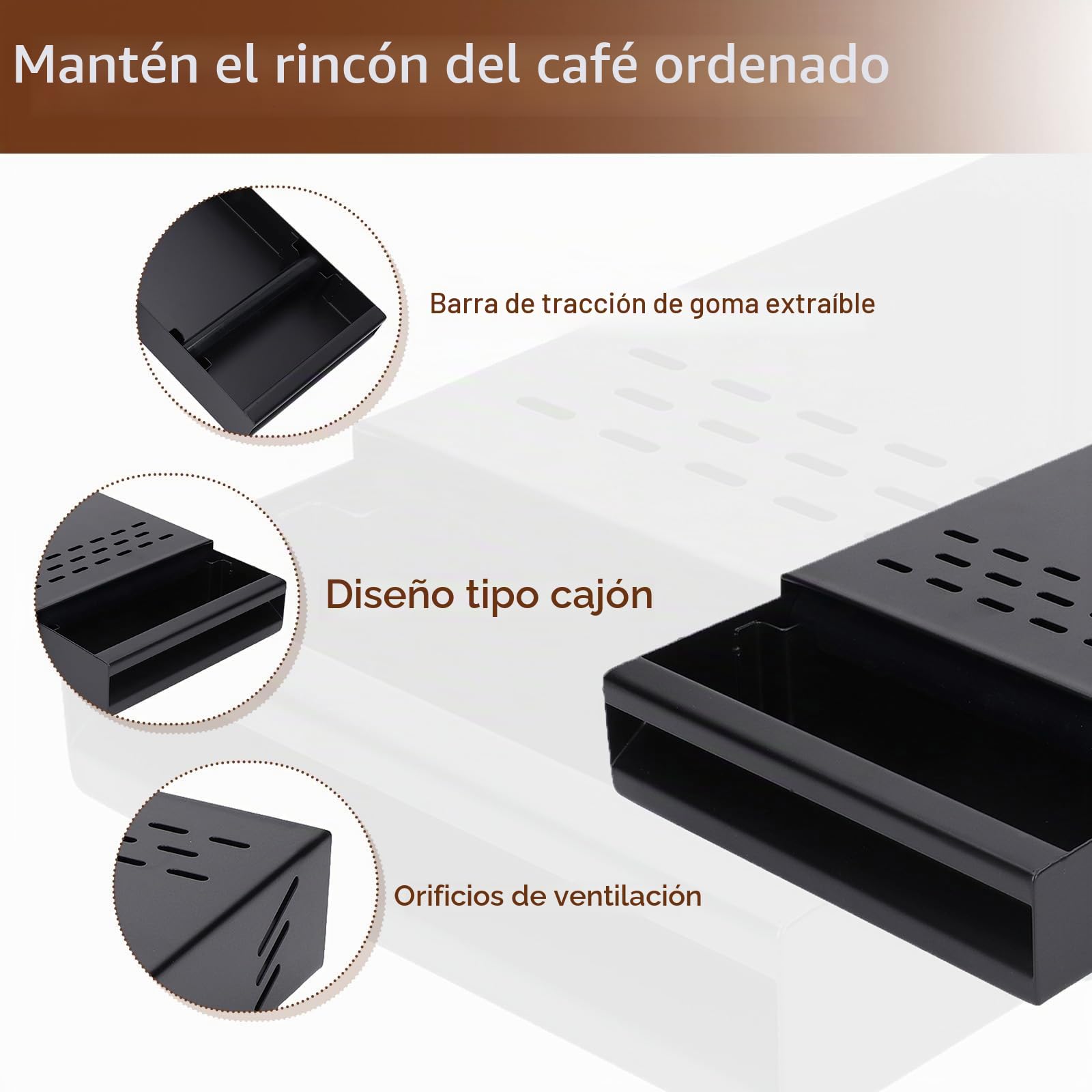 Caja de Café con Palo de Golpe, Caja de desecho de Café de Acero Inoxidable Tipo Cajón, Accesorios para Máquina de Espresso (7,1 x 11 x 2 Pulgadas)(Negro)