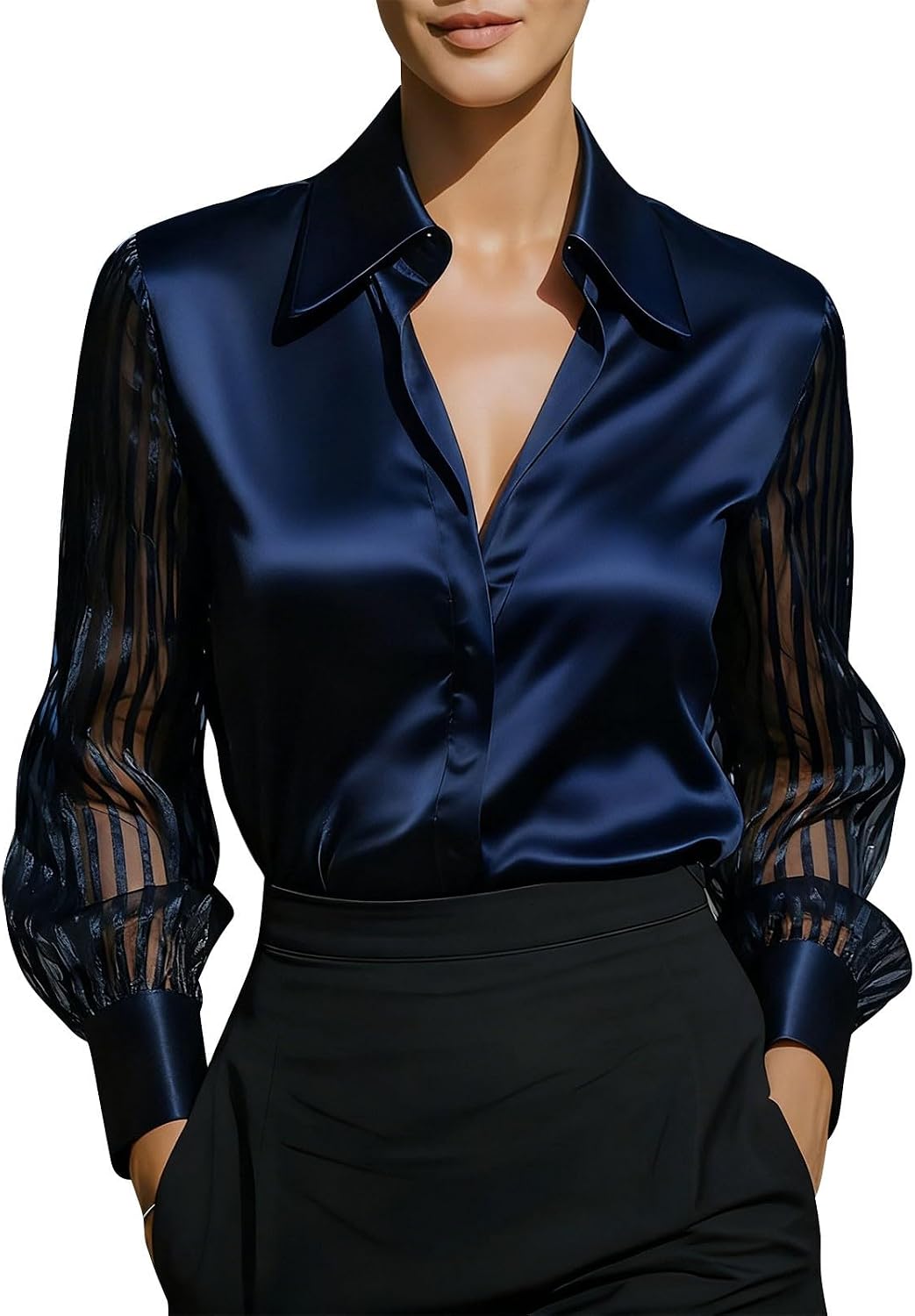 Women's Blouses Dressy Casual Satin Silk See Through Long Sleeve Shirts Business Casual Tops Button Down Shirts