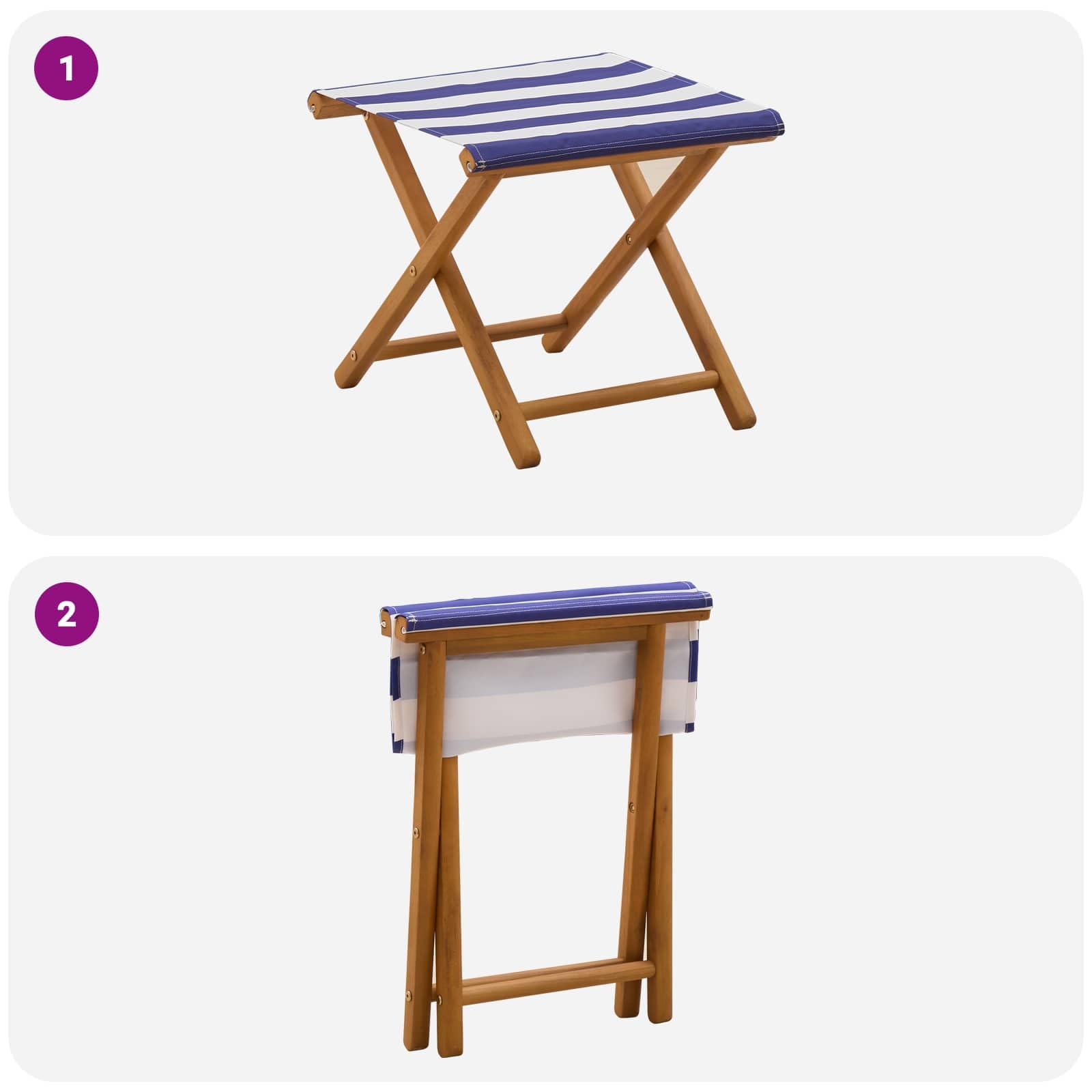 Set 2 Sedie a Sdraio Legno Eucalipto Massello Blu e Bianco | Poltrone pieghevoli per arredare terrazza, balcone o veranda. Supportano fino a 110 kg con seduta in poliestere.
